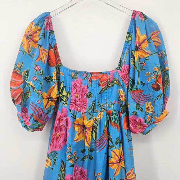 Farm Rio Toucans Garden Blue Floral Puff Sleeve Open Back Midi Dress XS‎ - Picture 4 of 14